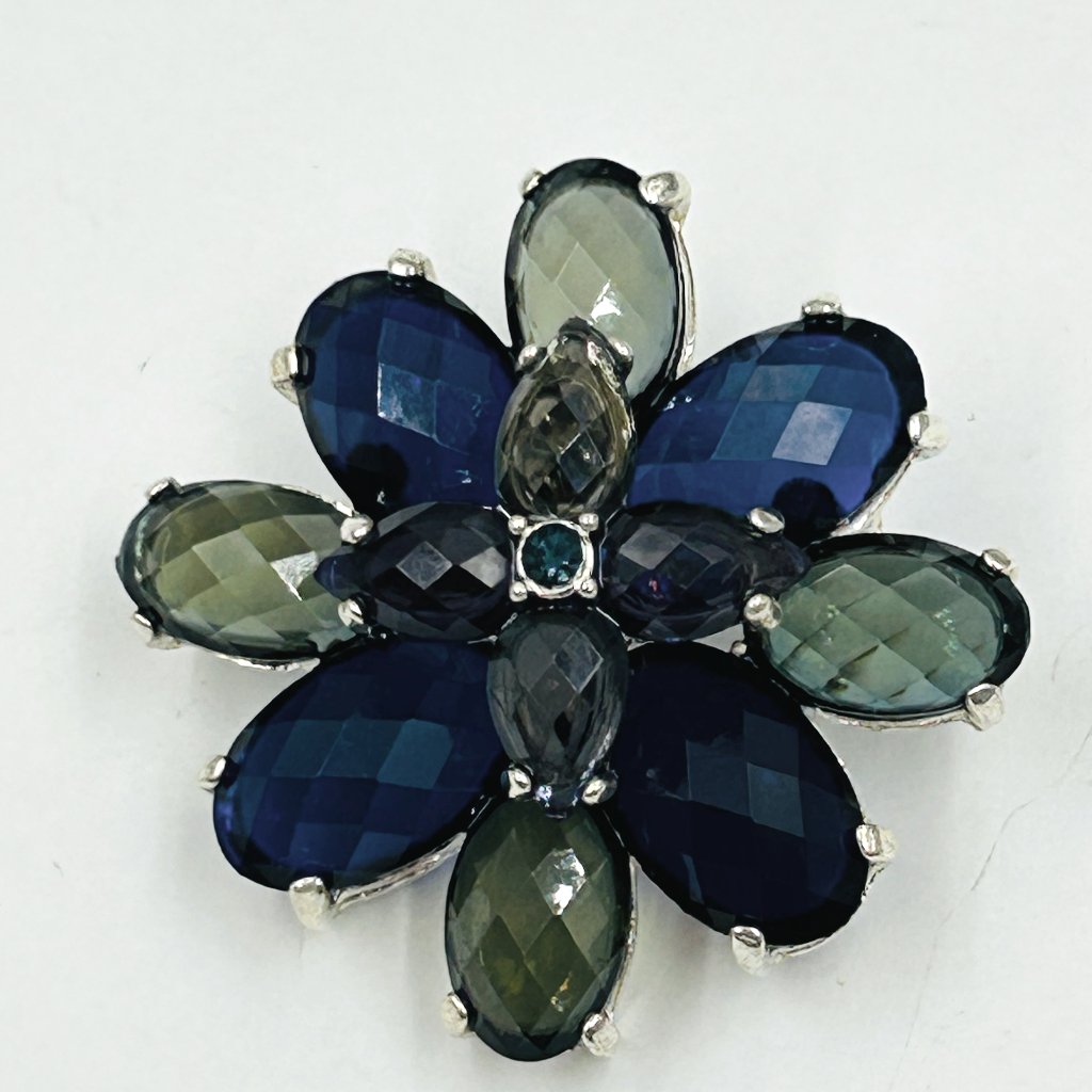 Vintage Flower Brooch Rhinestone Blue Mink Purple Silvertone Silver Tone